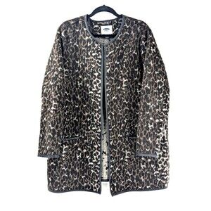Old Navy Leopard Print Faux Fur Leather Trim Collarless Boho Jacket Coat Size XL